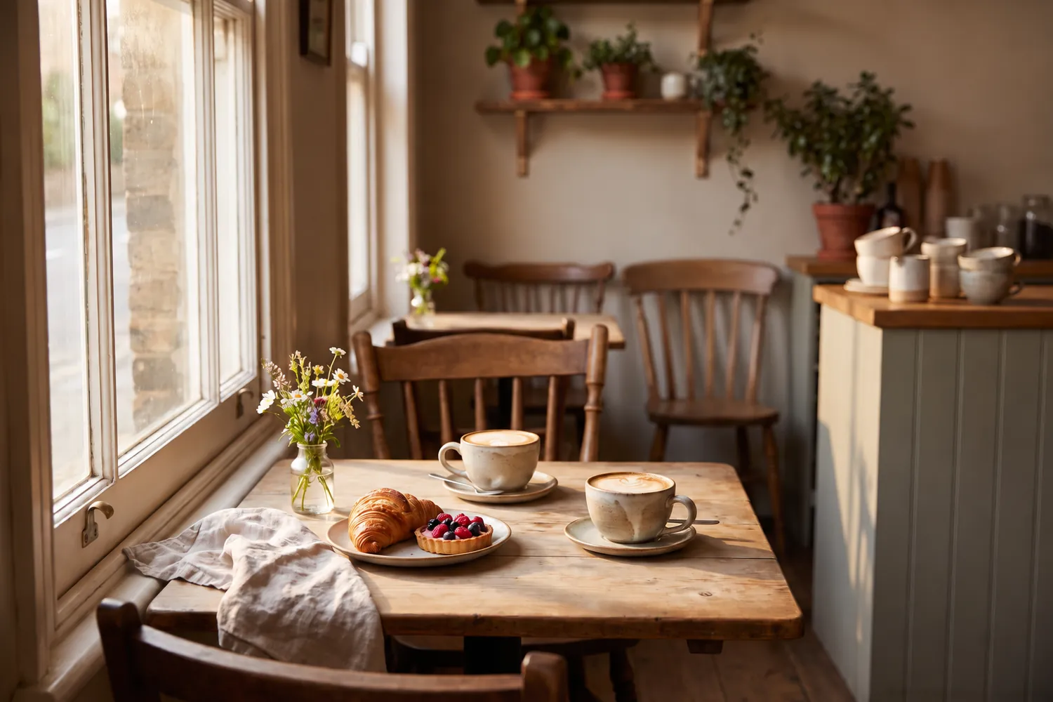 KI-generiertes Konzeptmotiv: gedeckter Cafétisch am Fenster mit Kaffee und Gebäck